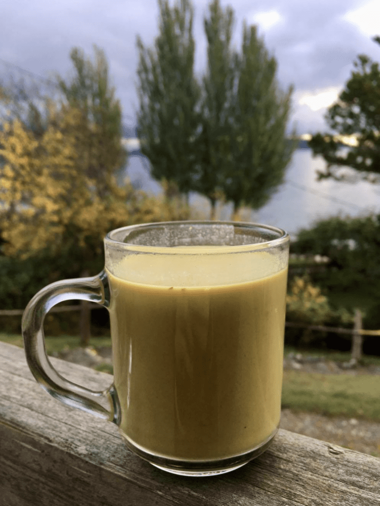 A mug of Golden Chai with a backdrop of trees on Hollyhock campus.
