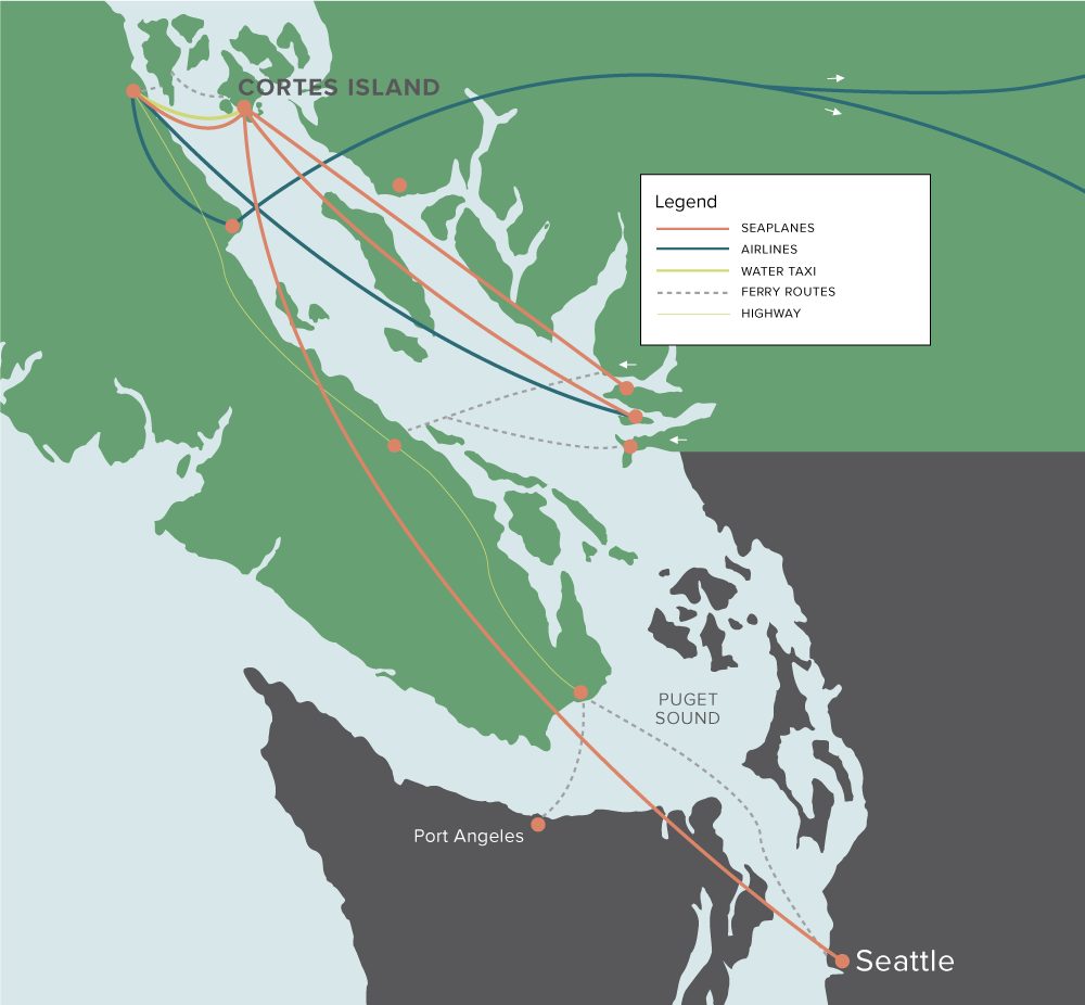 Map showing different ways to get to Cortes Island
